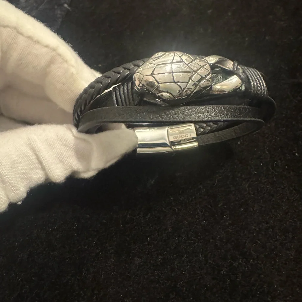 Gucci AG925 Silver Snake Black Leather Bracelet